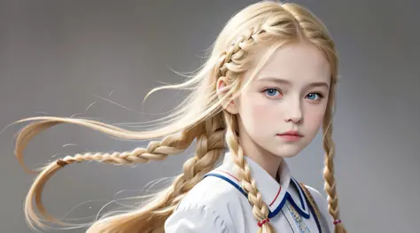 masterpiece, best quality, realistic, russian child girl, braided blonde hair, long hair, broad shoulders, small head, upper bod...