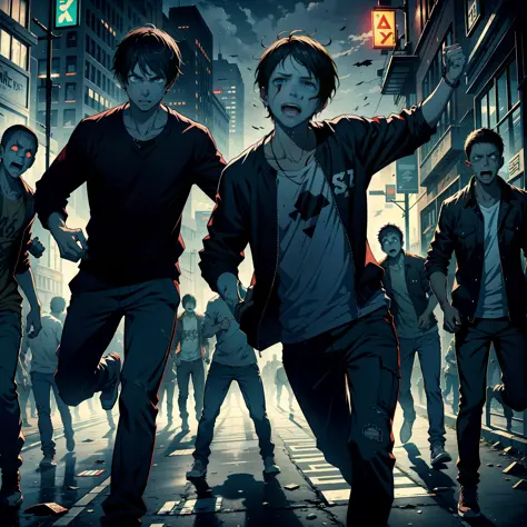 A young man in casual clothes is chased by a group of zombies, messy short hair, desperate expression, tears, corruption, desolation, urban, 8k, high quality, high resolution