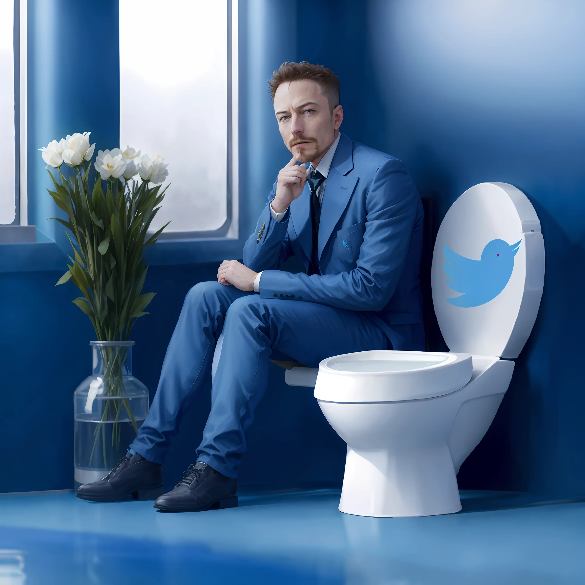 arafed Ellon Musk in a blue suit sitting on a toilet with a twitter logo on the tank, elon musk as joker, elon musk as a greek god, elon musk as a musketeer, elon musk in fortnite, trending on twitter, elon musk, viral on twitter, elon musk as thor, , black elon musk, gaming chair as a toilet, gaming toilet