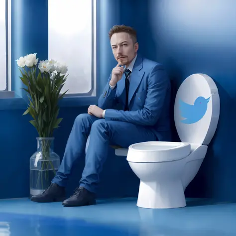 arafed Ellon Musk in a blue suit sitting on a toilet with a twitter logo on the tank, elon musk as joker, elon musk as a greek g...
