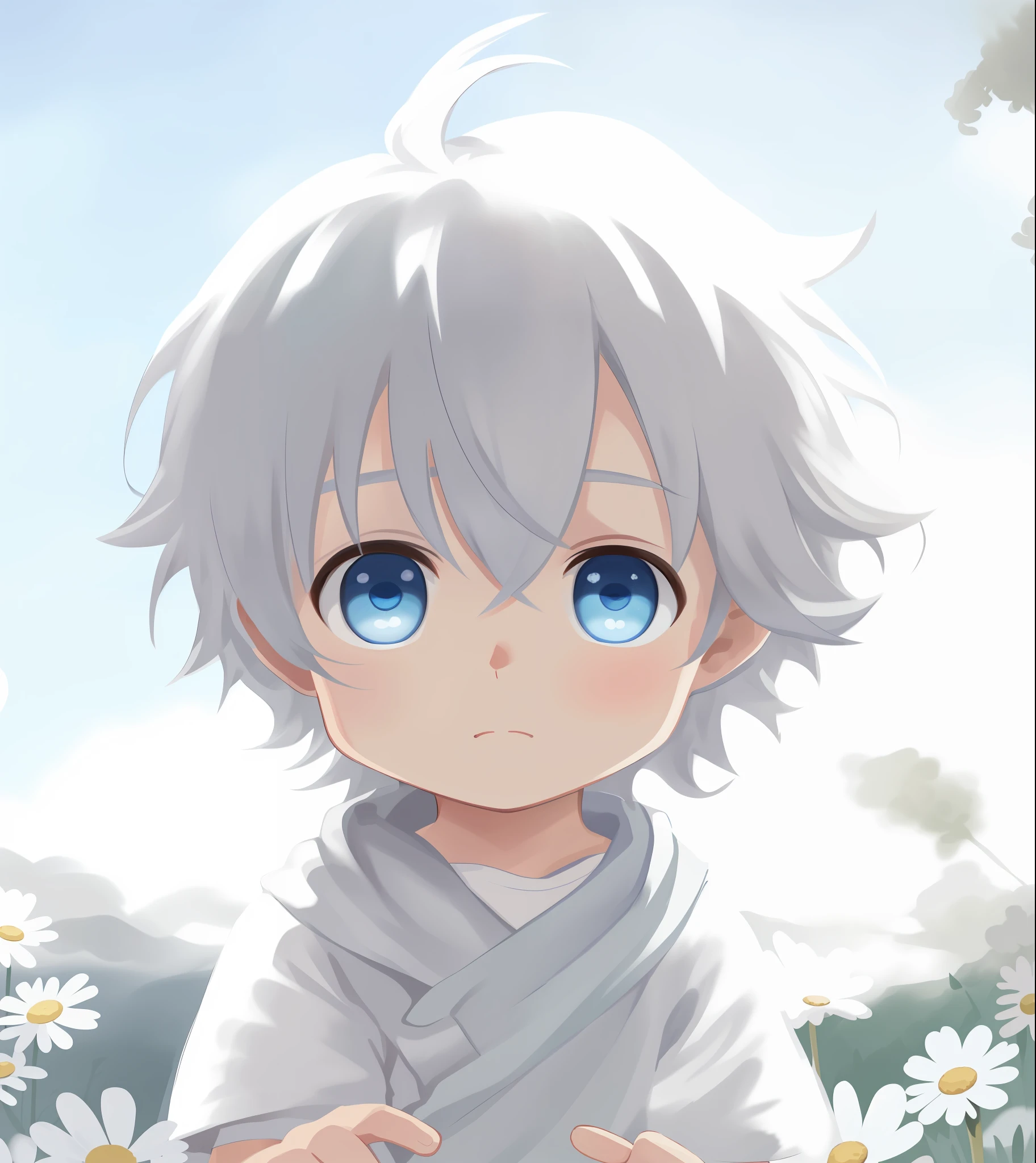 White-haired, blue-eyed little Shota in the sea of daisies