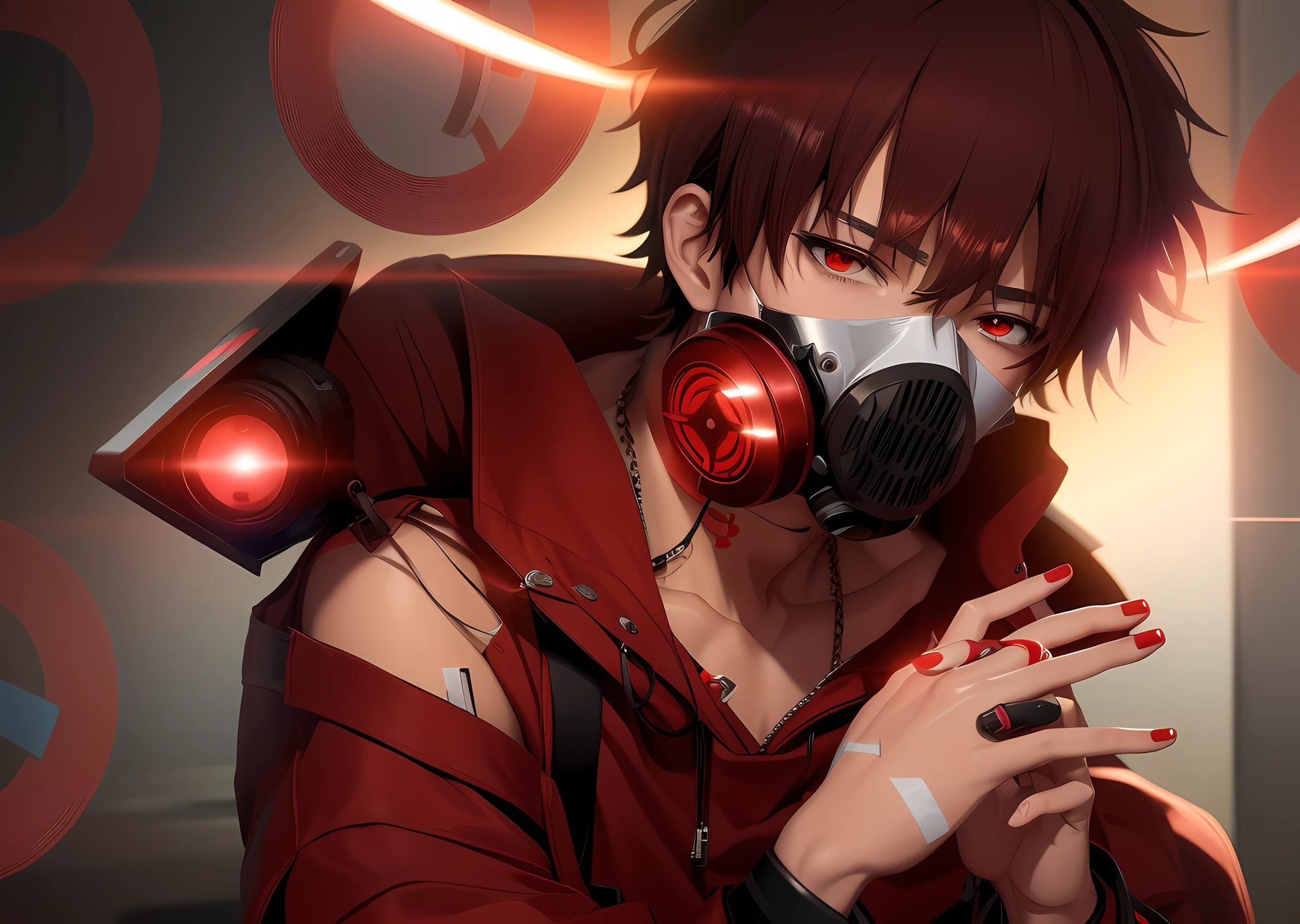 anime character with gas mask and red eyes holding a cigarette, male anime style, anime boy, modern anime style, very modern anime style, anime style, anime style only, anime style character, 2 d anime style, anime styled, epic anime style, high quality anime artstyle, young anime man, with red glowing eyes, anime style 4 k, style anime