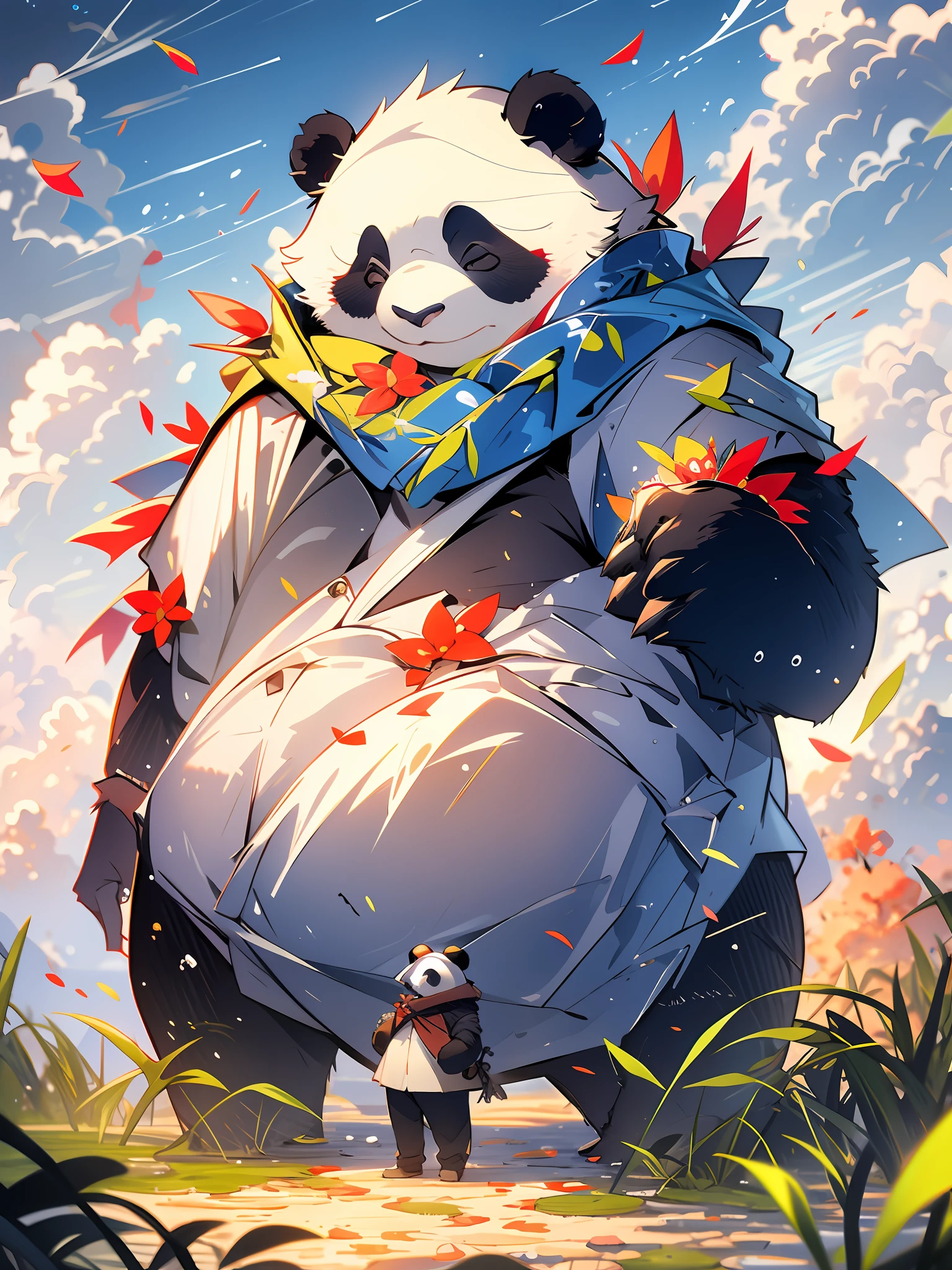 MG xiongmao, 1隻胖胖的熊貓, 天空, 雲, 戶外的, 獨自的, 有, 毛茸茸的, 草, 樹葉, 睜, cloudy 天空, 花瓣, 常設, 圍巾, 無人, 月亮, 水下, 氣泡,