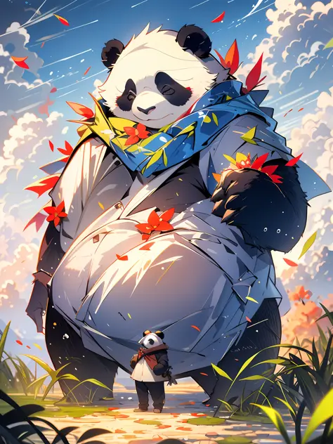 MG Xiongmao, 1 chubby panda, sky, clouds, outdoor, solo, hat, furry, grass, leaves, open eyes, cloudy sky, petals, standing, sca...