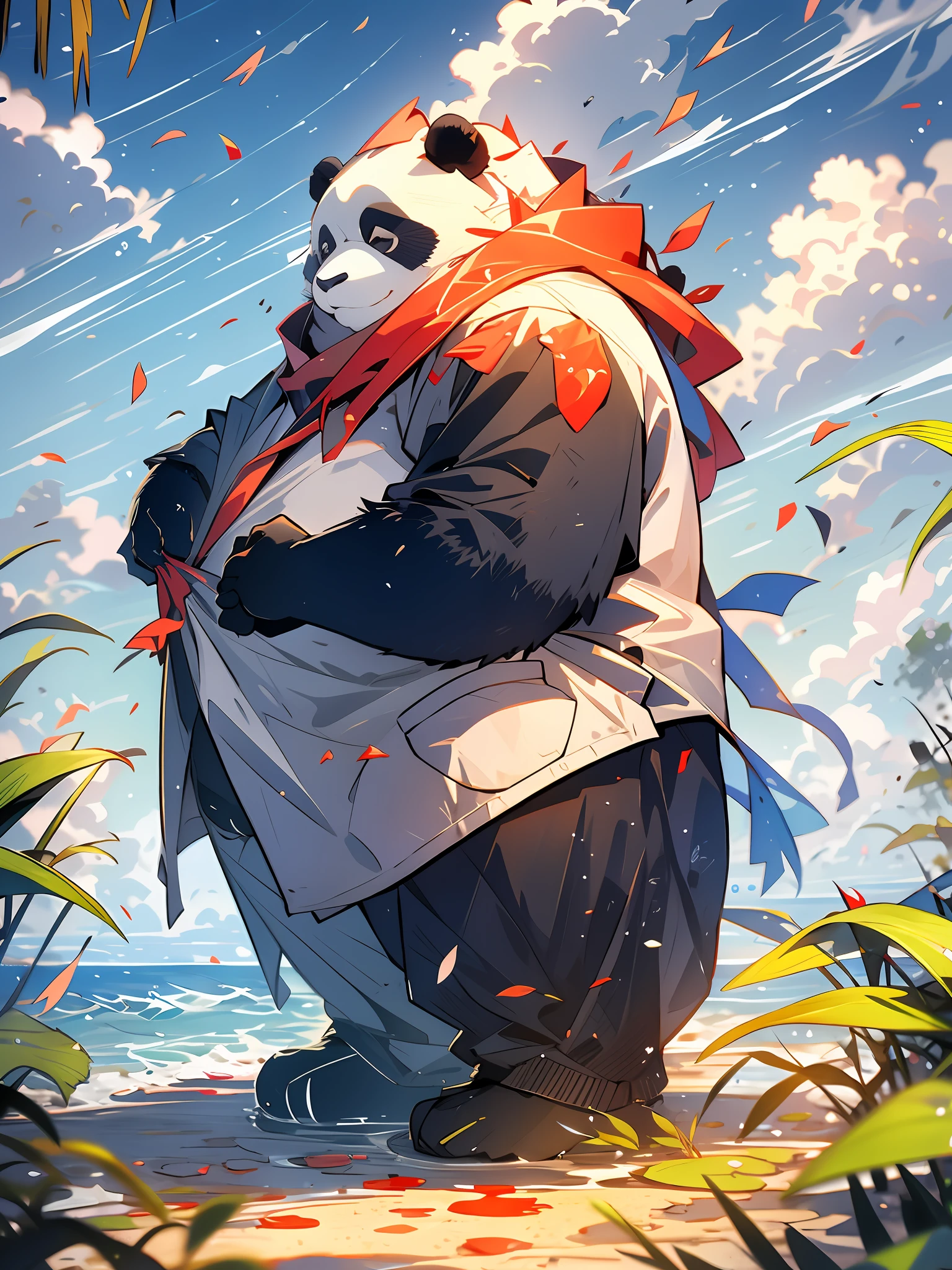 MG Xiongmao, 1 chubby panda, sky, clouds, outdoor, solo, hat, furry, grass, leaves, open eyes, cloudy sky, petals, standing, scarf, no man, moon, under water, bubbles,