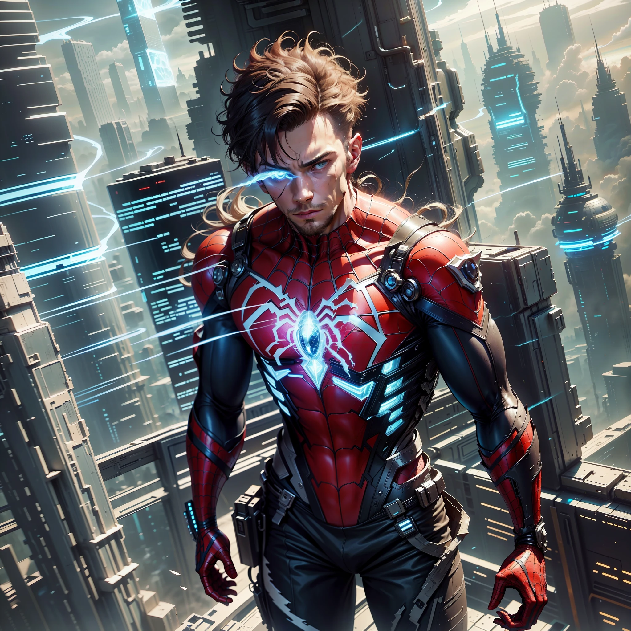 Homem de 25 anos vestindo fantasia rasgada no ombro do Homem-Aranha com uma cidade futurista ao fundo --auto --s2