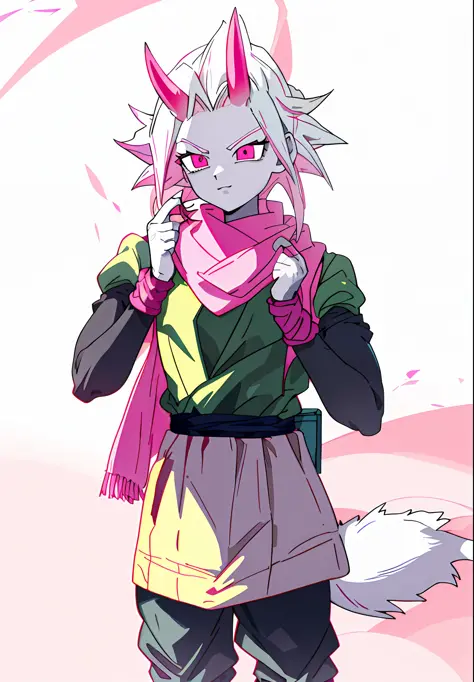 super saiyan, white skin, pink horns, pink scarf, green outfit with black sleeves, tail, dark pants, pink eyes, hd, highres