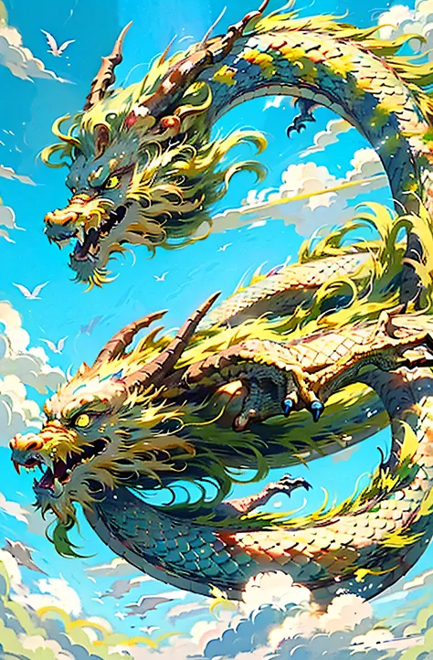 Best quality,masterpiece,ultra high res,nu no humans, (long:1.2),sky, yellow eyes, cloud, scales, eastern dragon, open mouth, sh...