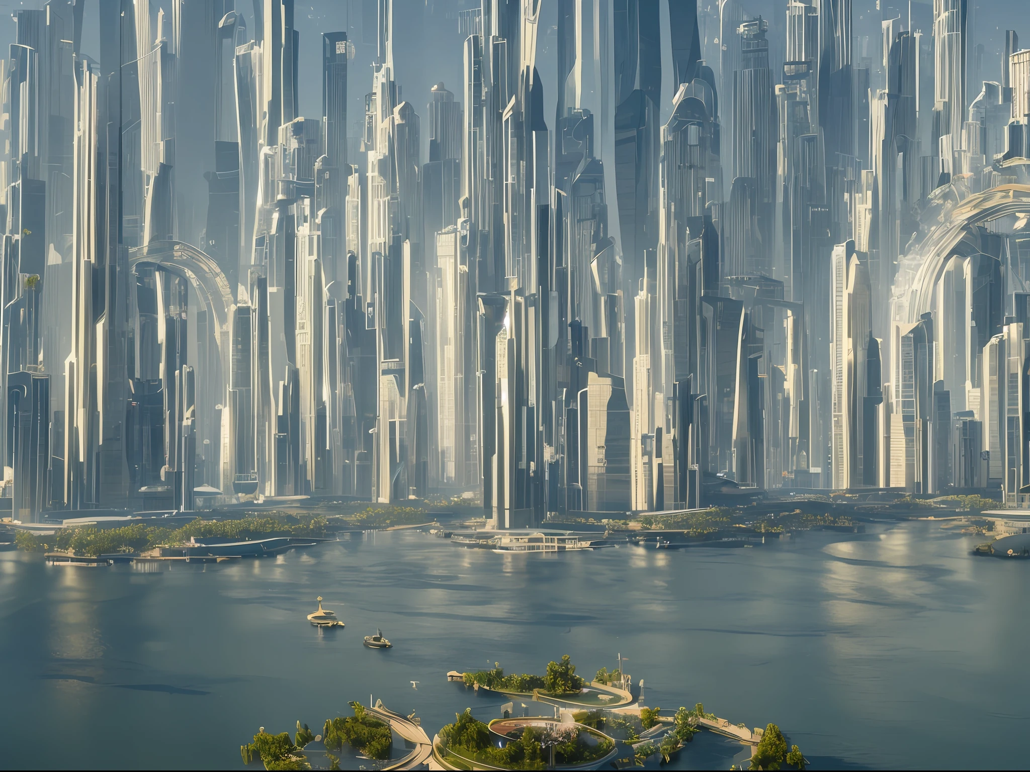 一座有高楼大厦和飞行汽车的未来城市. 被河流环绕的圆形城市. 3D 逼真. 4k. 電影. --自动--s2