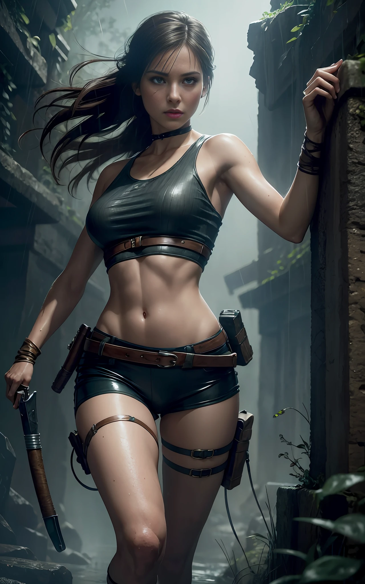 Laura de Tomb Raider, Olhos Determinados, está chovendo, Detalhe Mágico 3D, James Jean Luz Suave, 4K, Yuri Schvedorf e Tom Bagshaw, linda arte digital, Sylvain Sarrell e Igor Mosky, tiro de corpo inteiro