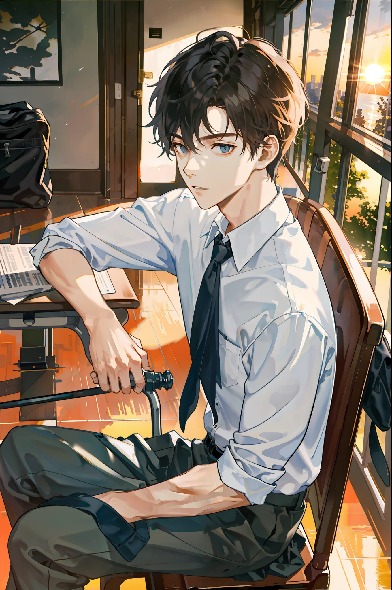 Anime boy sitting in a chair with a laptop and a backpack - SeaArt AI