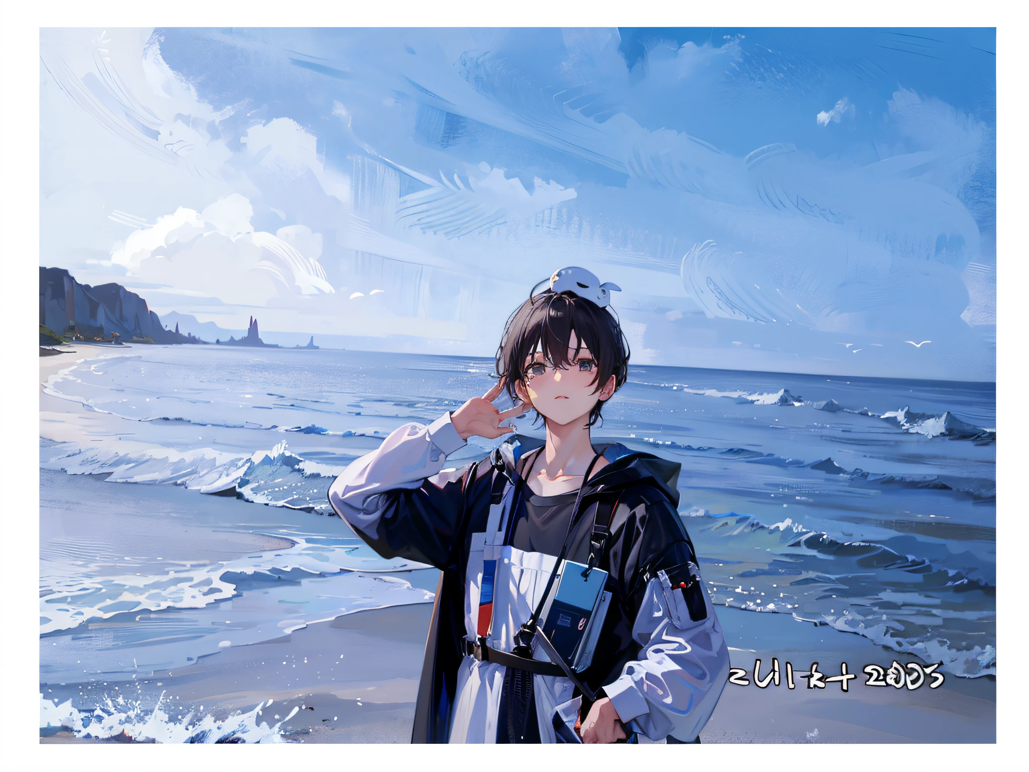 There is a man standing on the beach, hands on his head, anime style mixed Fujifilm, fine, HD, hands fine, oil painting on background