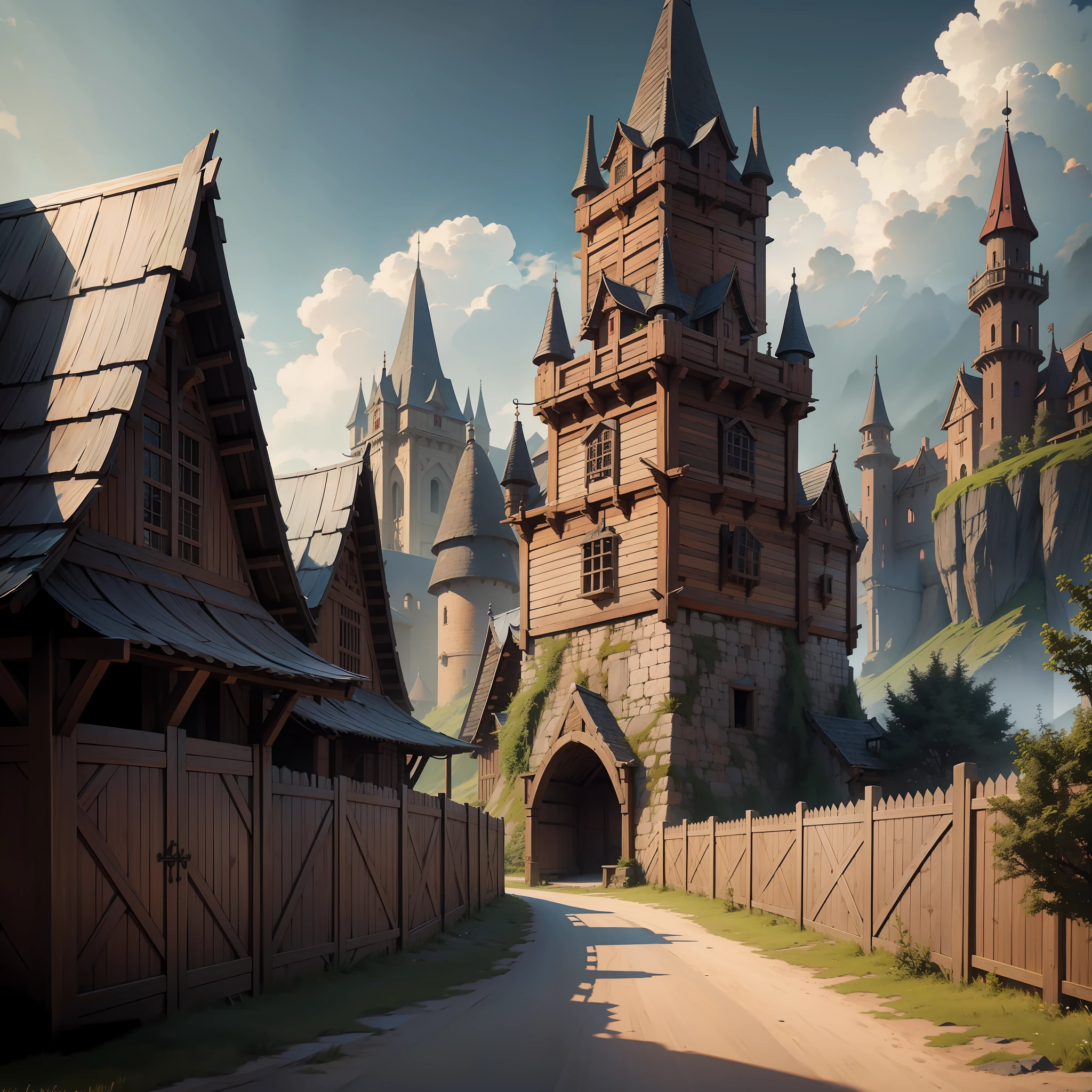 Dark fantasy village, Medieval fantasy, medieval, palisade fenced village, towers, wooden walls, roads, wooden fortress, outpost, temple, market, ultra realistic, 8k