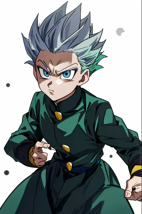 super saiyan, white hair, blue eyes, serious face, green uniform, yellow buttons, koichi hirose, hd, highres