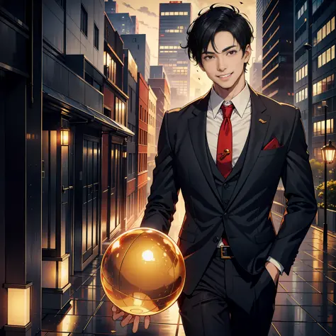 a man in his 20s wearing a suit, walking towards the rooftop, with a smile on his mouth (toothy smile) holding a golden glass ba...