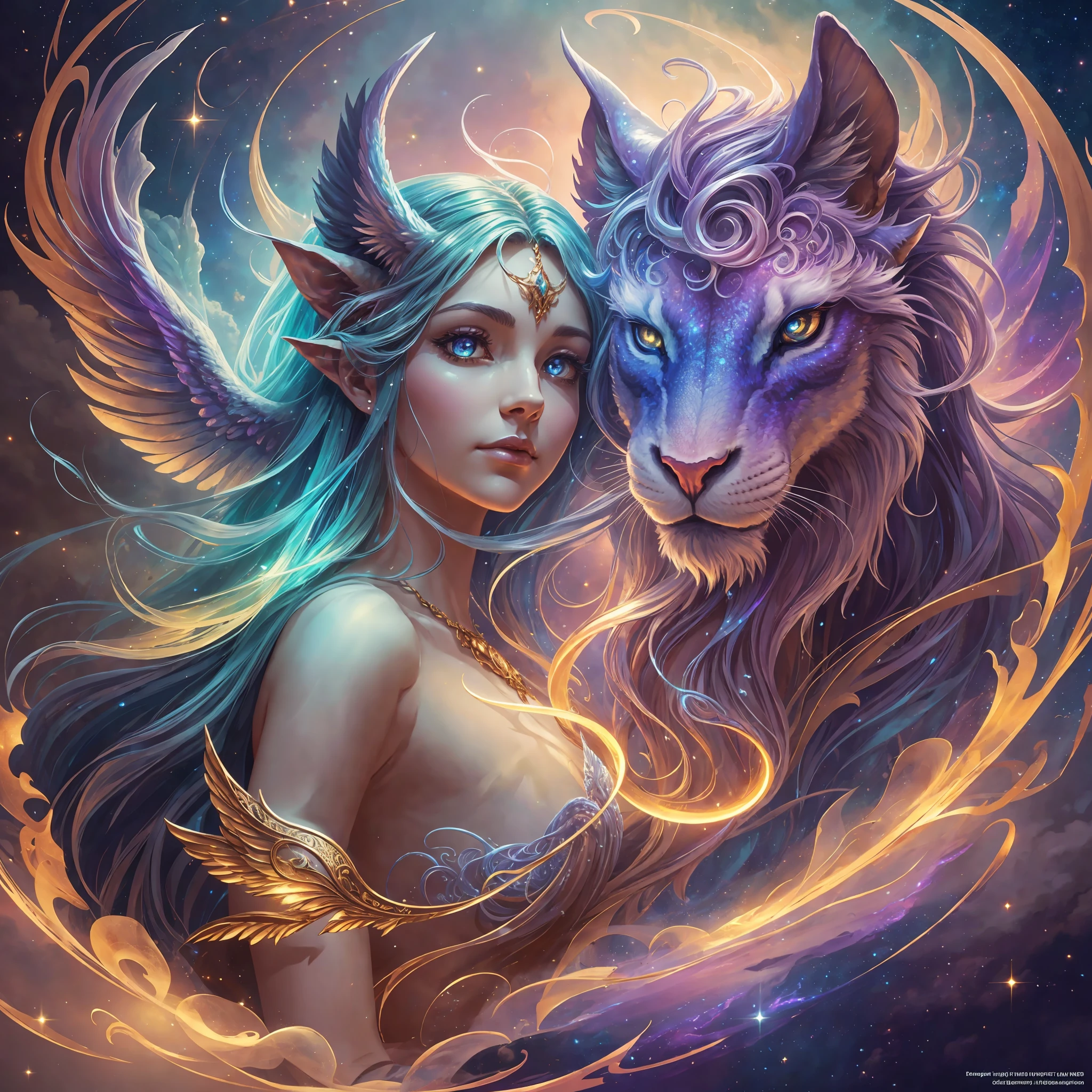 ((masterpiece)), (ultra-detailed), (intricate details), (high resolution CGI artwork 8k), Create artwork of an interesting celestial being with a stunning chimera winding around her. The chimera should be colorful and beautiful and highly detailed. The figure should be delicate and mysterious with hair dissolving into bright stars. Pay close attention to detailed faces with small details such as mesmerizing eyes with realistic shading. The artwork's color palette should be based on fairytale fantasy, mythic fantasy, and high fantasy with saturated colors. The image should feature a dreamlike, ethereal atmosphere with shimmering details and gossamer details. The background should be interesting but subtle, with the focus remaining on the figures in the foreground. Camera: Prioritize compelling and dynamic composition. Lighting: Utilize atmospheric and volumetric lighting and dynamic lighting to emphasize the image's awe-inspiring aura. Choose an angle that highlights the character's beauty and enhances the magical majesty of the artwork. Consider popular trends in fantasy images such as those from ArtStation and Midjourney. Resolution: Aim for a high-resolution artwork to showcase intricate details and clarity.