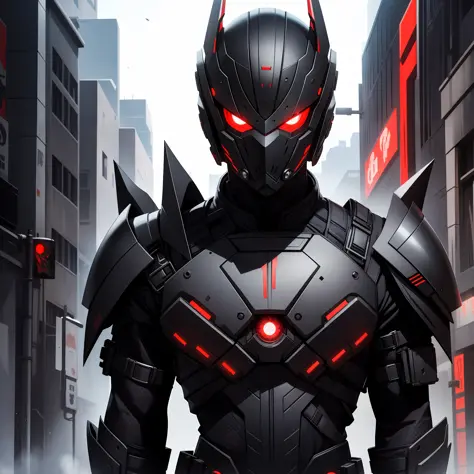 solo male, black armor, science fiction, black hair, red eyes, mask
