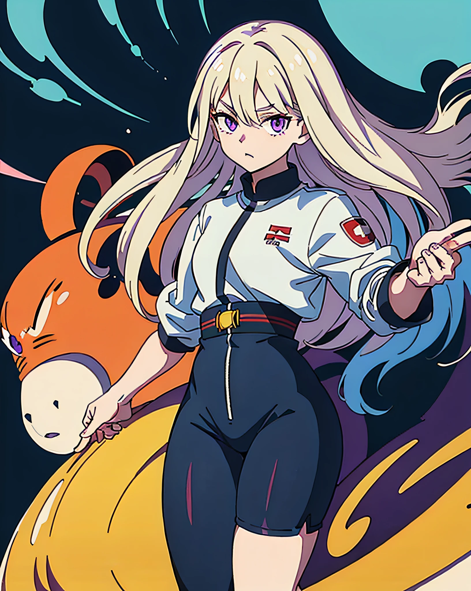 1 woman, 18 years old, hero, long white hair, hair fringe between eyes, purple eyes, mature face, small eyes, long clothes, strong body, slightly thick legs, Horikoshi Kohei style, my hero gym, white background, high quality, masterpiece