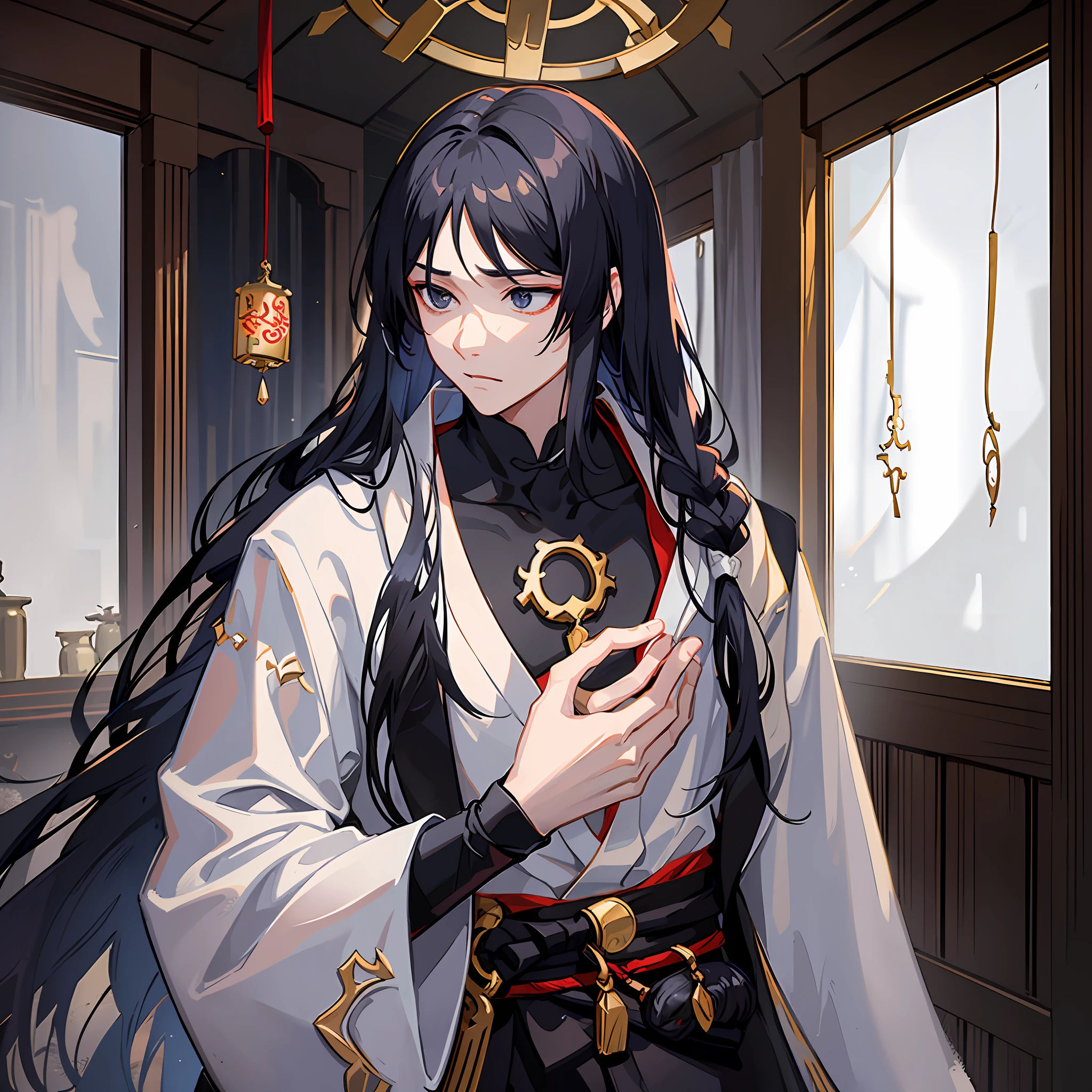 A handsome young man with long black hair and a shawl, wearing an ancient Chinese white robe, black eyes full of sorrow, helplessly and frustrated in the scene of the severance of the fairy road, the picture presents mystery, loss and loneliness. The indoor environment is depressing.