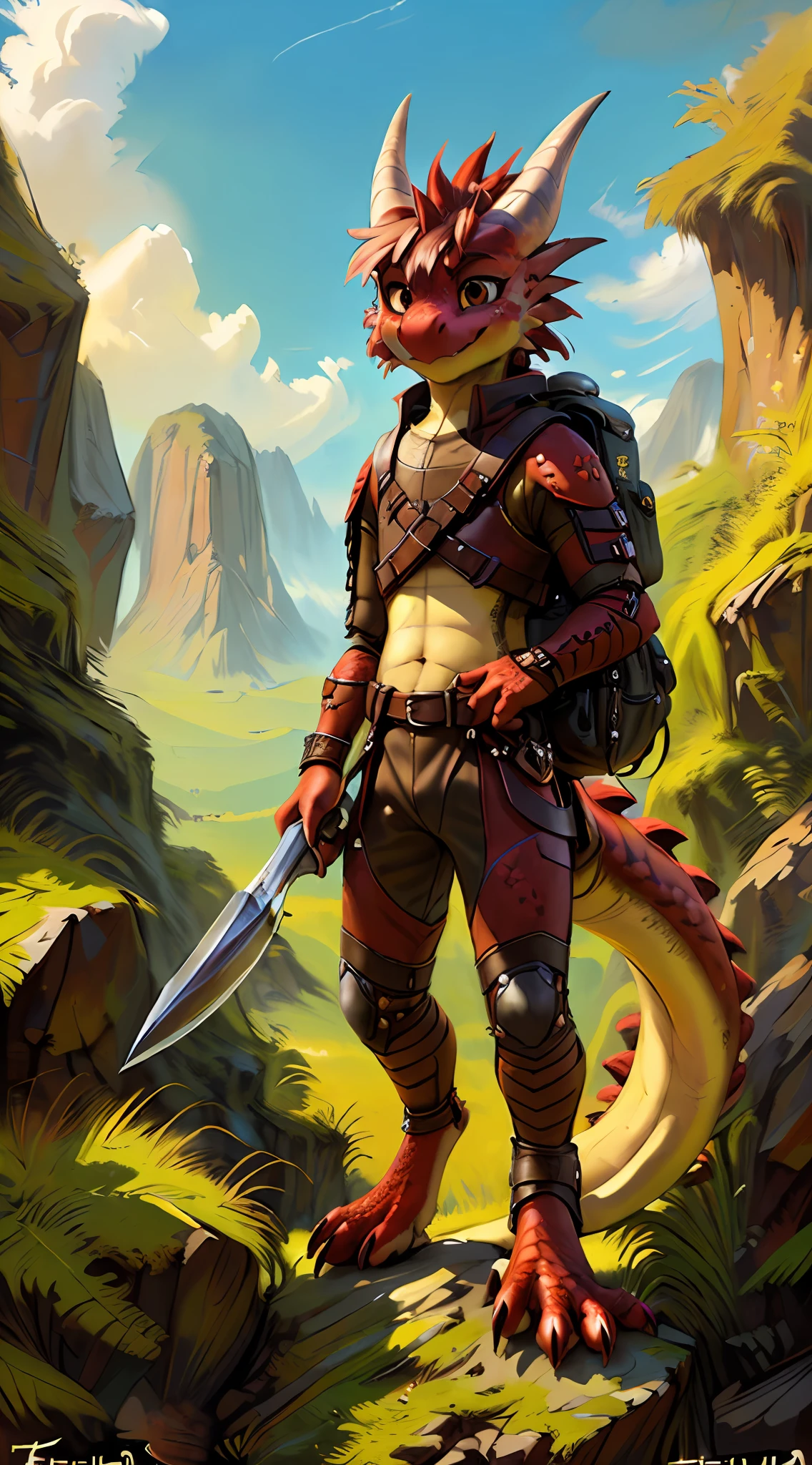 (((by fluff-kevlar, by Kenket, by))), solo male (((Kobold)), (detailed kobold)) wearing leather armor, muscular toned, squirrel ears, kobold tail, messy hair, front view, looking at the observer with an embarrassed smile, blush, holding  a cup of juice, perspective, finely detailed paws, adventure backpack, knifes