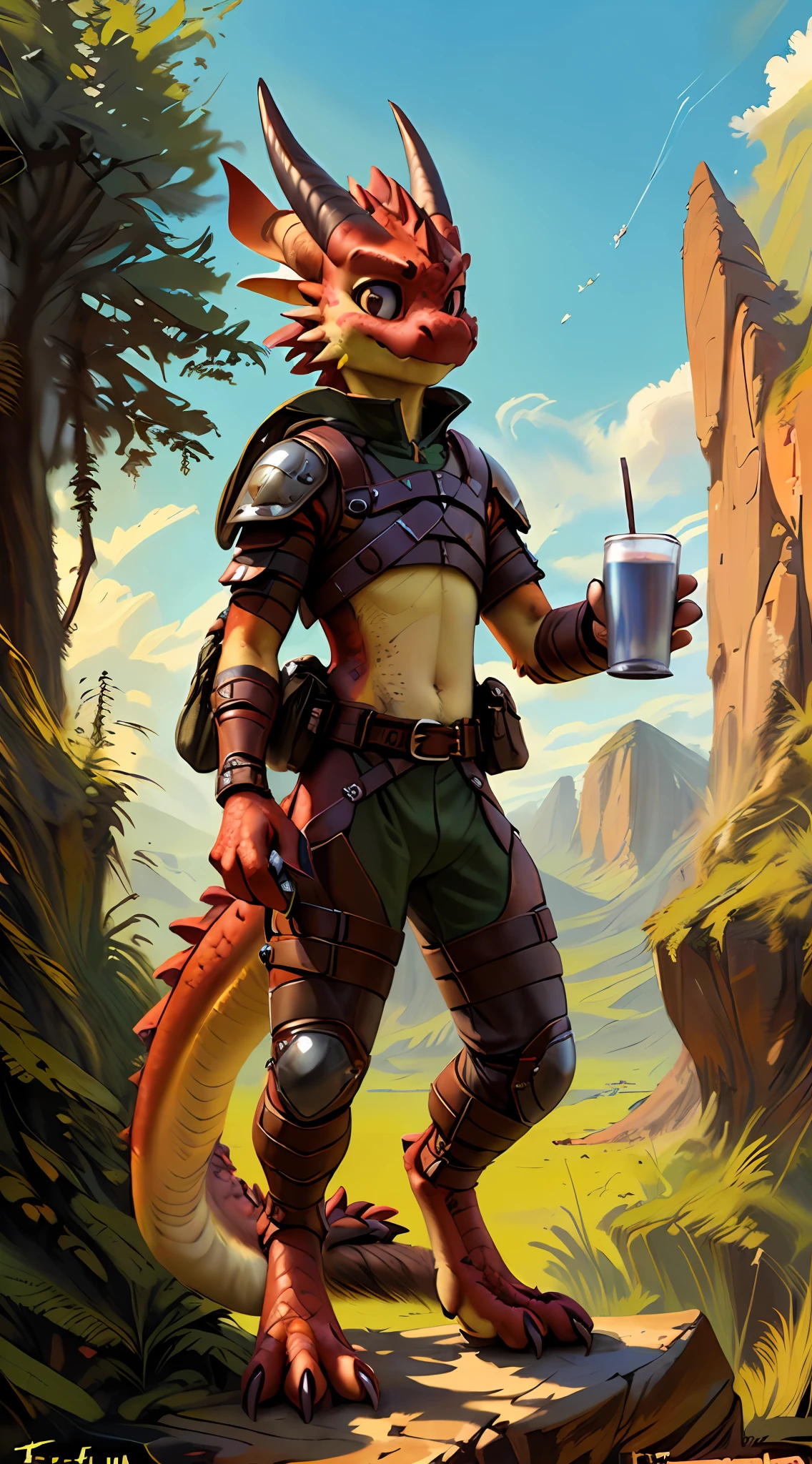 (((by fluff-kevlar, by Kenket, by))), solo male (((Kobold)), (detailed kobold)) wearing leather armor, muscular toned, squirrel ears, kobold tail, messy hair, front view, looking at the observer with an embarrassed smile, blush, holding  a cup of juice, perspective, finely detailed paws, adventure backpack, knifes