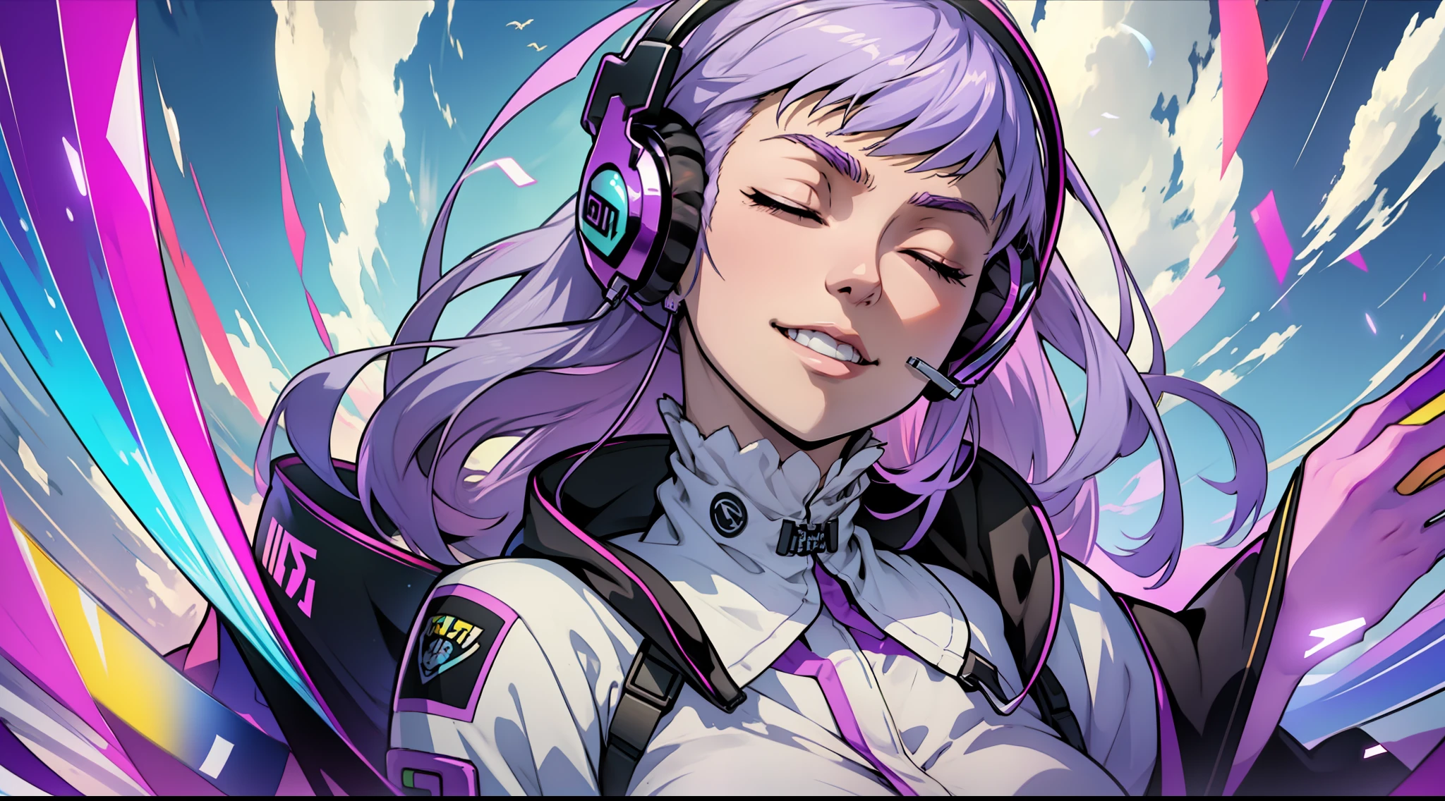 Woman with peace sense headset, closed eyes, beautiful face, RGB colors, bright purple hair, anime, banner for youtube video, happy girl, clouds with RGB colors, bright RGB colors.