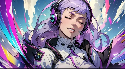 woman with peace sense headset, closed eyes, beautiful face, rgb colors, bright purple hair, anime, banner for youtube video, ha...