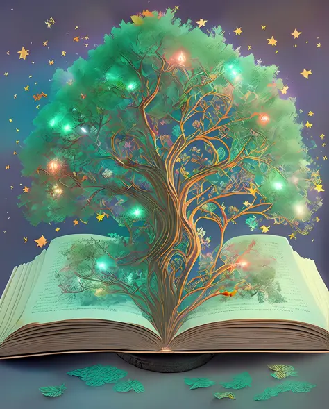 there is a book on the table, (there is a tree in the book:2), magic tree, butterfly, stars, shooting star, magic book, magic tr...