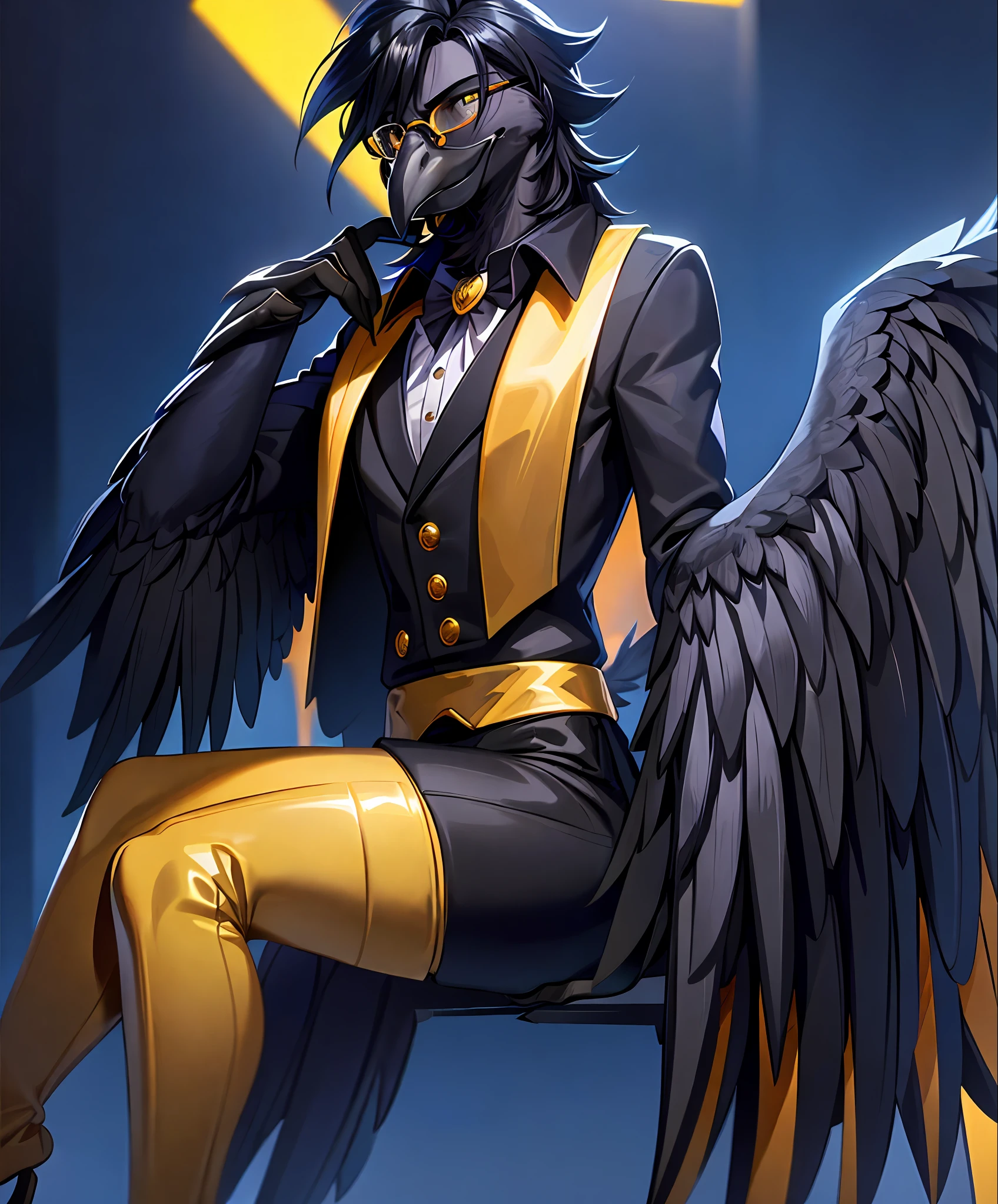 sfw,solo,male,((avian anthro furry:1.3)),(corvid:1.1),(black beak), (smug), avian, realistic bird eyes, black feathers, (black body), Athletic, (lavender gold eyes), wearing suit, ((winged-arms)), yellow tipped feathers, yellow tipped hair, spiked hair, ((wearing round glasses)), volumetric light, (yellow tail feathers), (sitting), (detailed mafia hideout background)