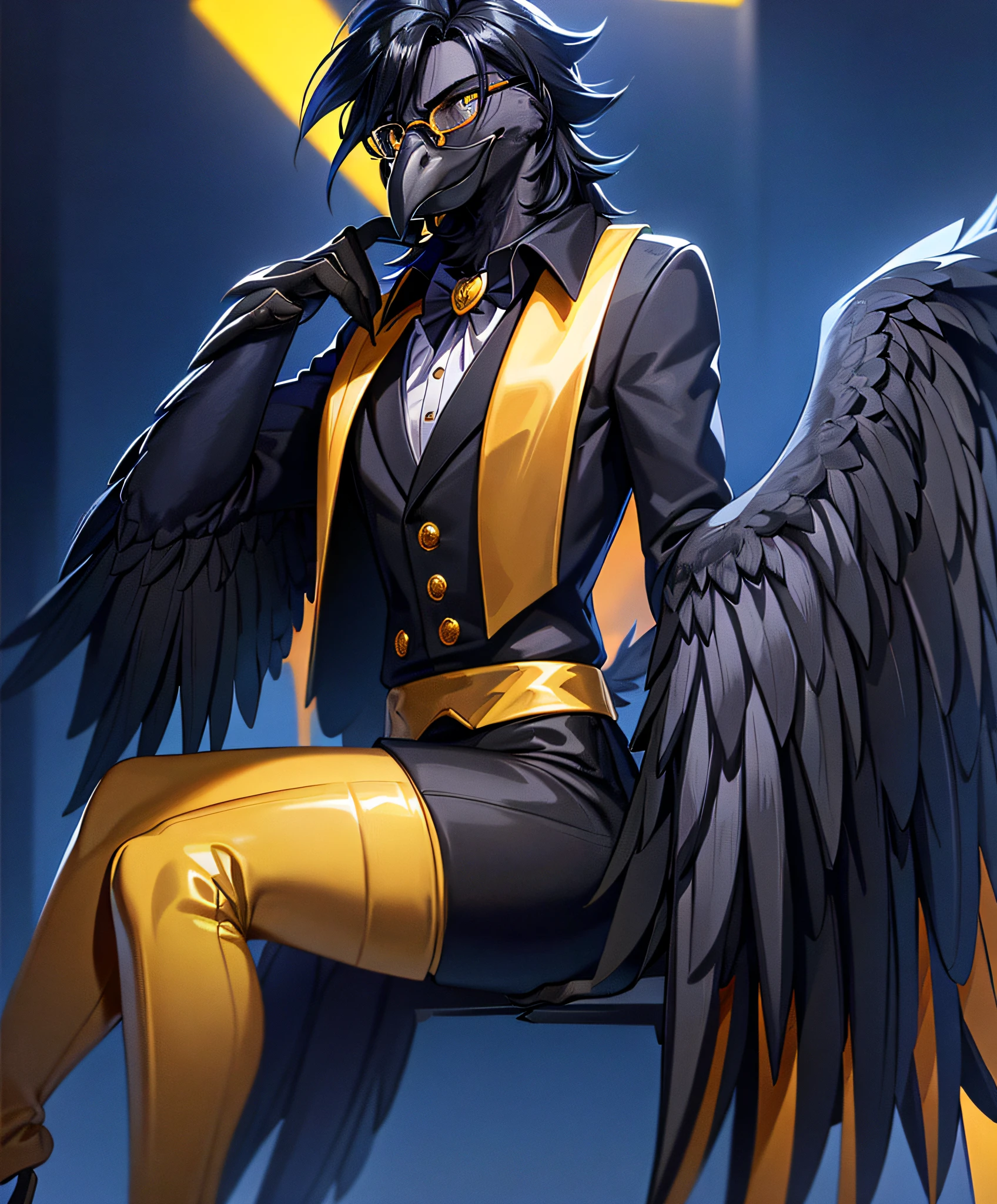 sfw,solo,male,((avian anthro furry:1.3)),(corvid:1.1),(black beak), (smug), avian, realistic bird eyes, black feathers, (black body), Athletic, (lavender gold eyes), wearing suit, ((winged-arms)), yellow tipped feathers, yellow tipped hair, spiked hair, ((wearing round glasses)), volumetric light, (yellow tail feathers), (sitting), (detailed mafia hideout background)