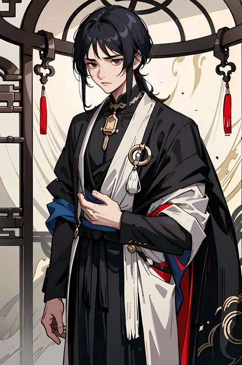 A handsome young man with long black hair and a shawl, wearing an ancient Chinese white robe, black eyes full of sorrow, helples...