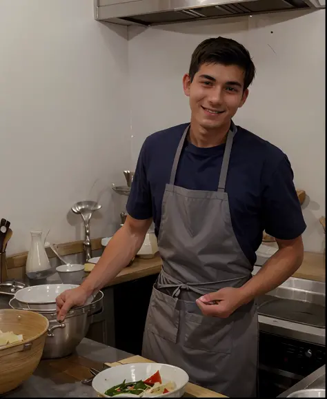 a man, 20 years old, cooking, wearing an apron