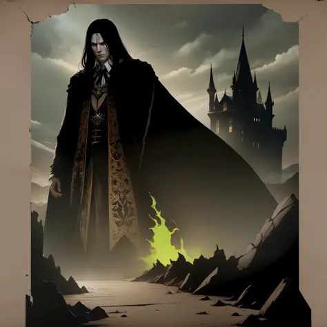 a vampire man with white skin and long black hair in a black cloak stands on scorched earth in front of a castle from which a gr...