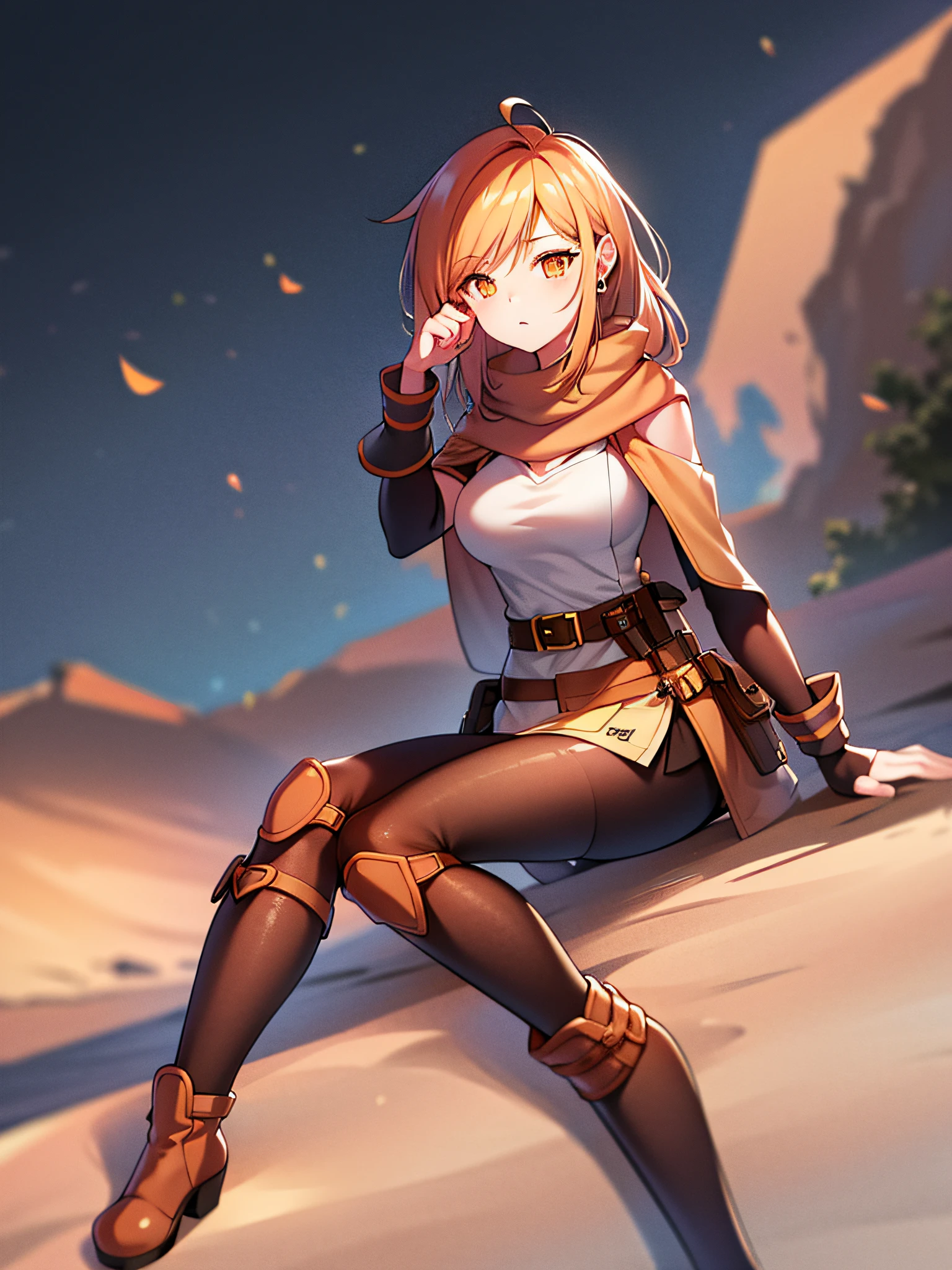 orange eyes light,richly faded light orange hair, anime 1girl, no  skirt, brown military boots, pouch on the waist belt, khaki bikini, "black tights", "dark_orange knee pad on right leg",( night city:1.4), black long cloak, (good hand:1.5 ) good legs, (Good face: 1.5), 1girl, best hand, no worst hand. without clothes, in big city