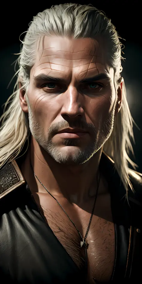 geralt de rivia the witcher , yellow eyes,photorealistic, photo, masterpiece, realistic, realism, photorealism, high contrast, photorealistic digital art trending on Artstation 8k HD high definition detailed realistic, detailed, skin texture, hyper detaile...