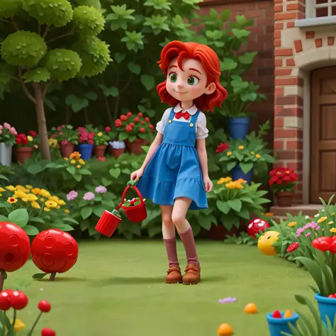 Little red-haired girl wearing a gardener, in a world of candy, cartoonish, hyper-detailed, cute