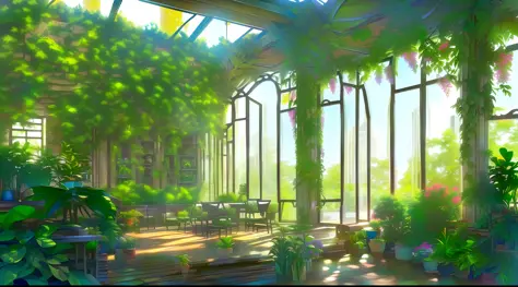Floor-to-ceiling windows with lush plants and plenty of sunlight