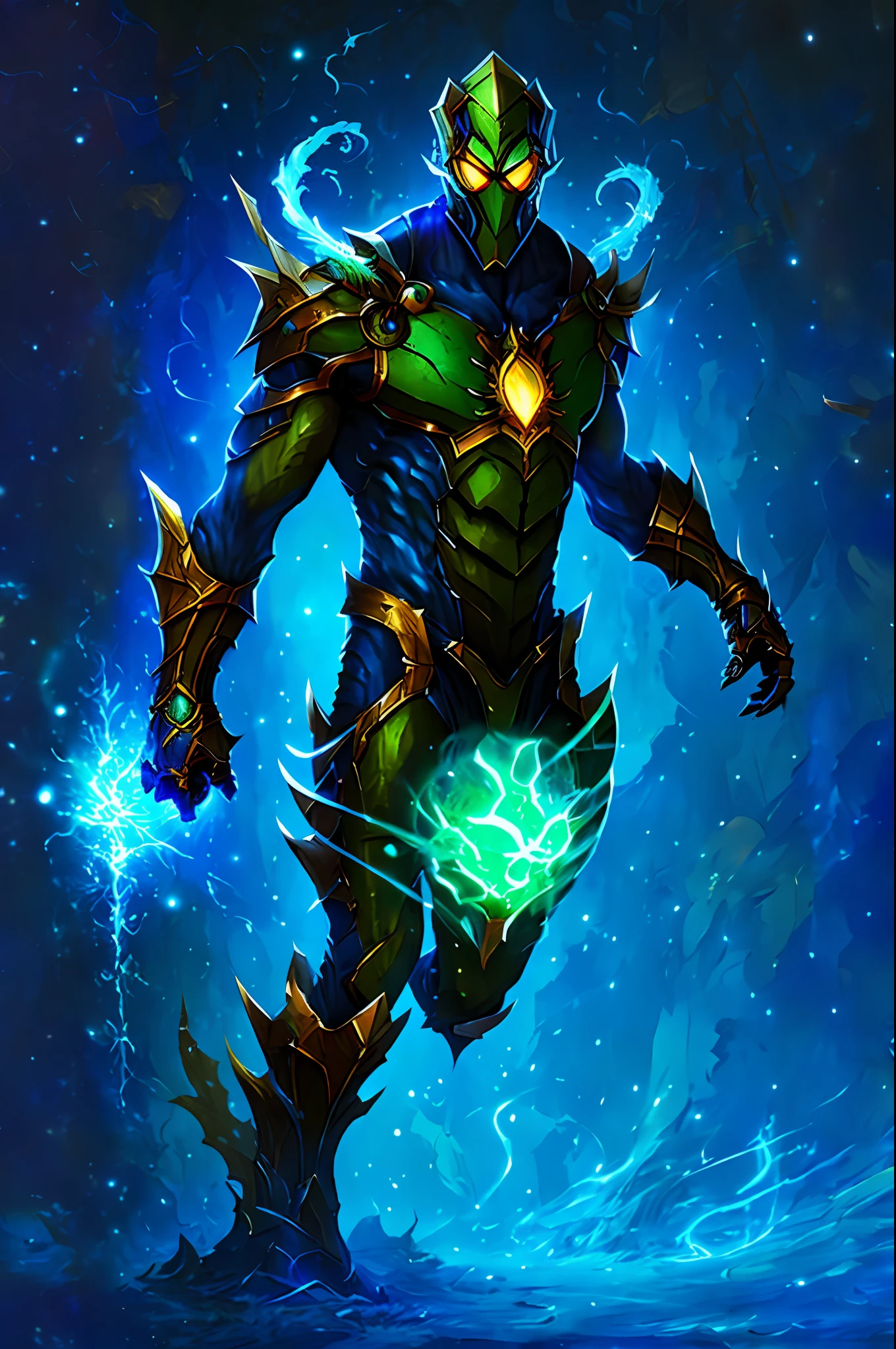 Insectoid man, blue, League of Legends concept art, Riot game concept art, League of Legends character art, League of Legends art, League of Legends splash art, League of Legends splash art, League of Legends style art, iconic character splash art, League of Legends