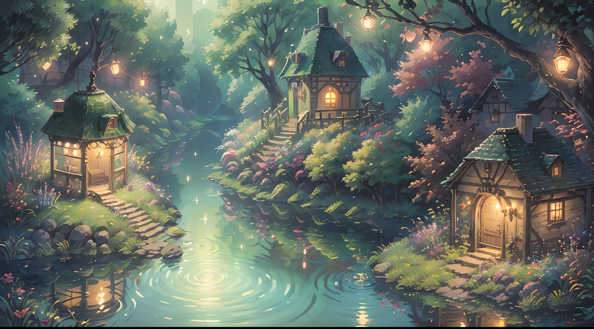 (Magic Forest, Kingdom of Forest Fairies: 1.2), cute houses, High Palace of Fairies, River, (many fireflies: 1.1), (Fairy lights: 1.1), joyful mood, magical atmosphere. --auto --s2