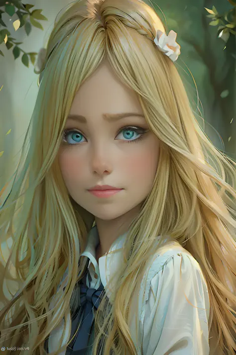 https://i.imgur.com/35dteuC.jpg A charming blonde-haired girl with blue eyes poses for a photo, with her long golden hair and large, expressive eyes. His face has a natural beauty, as if it were taken from an anime, with delicate and harmonious features. S...