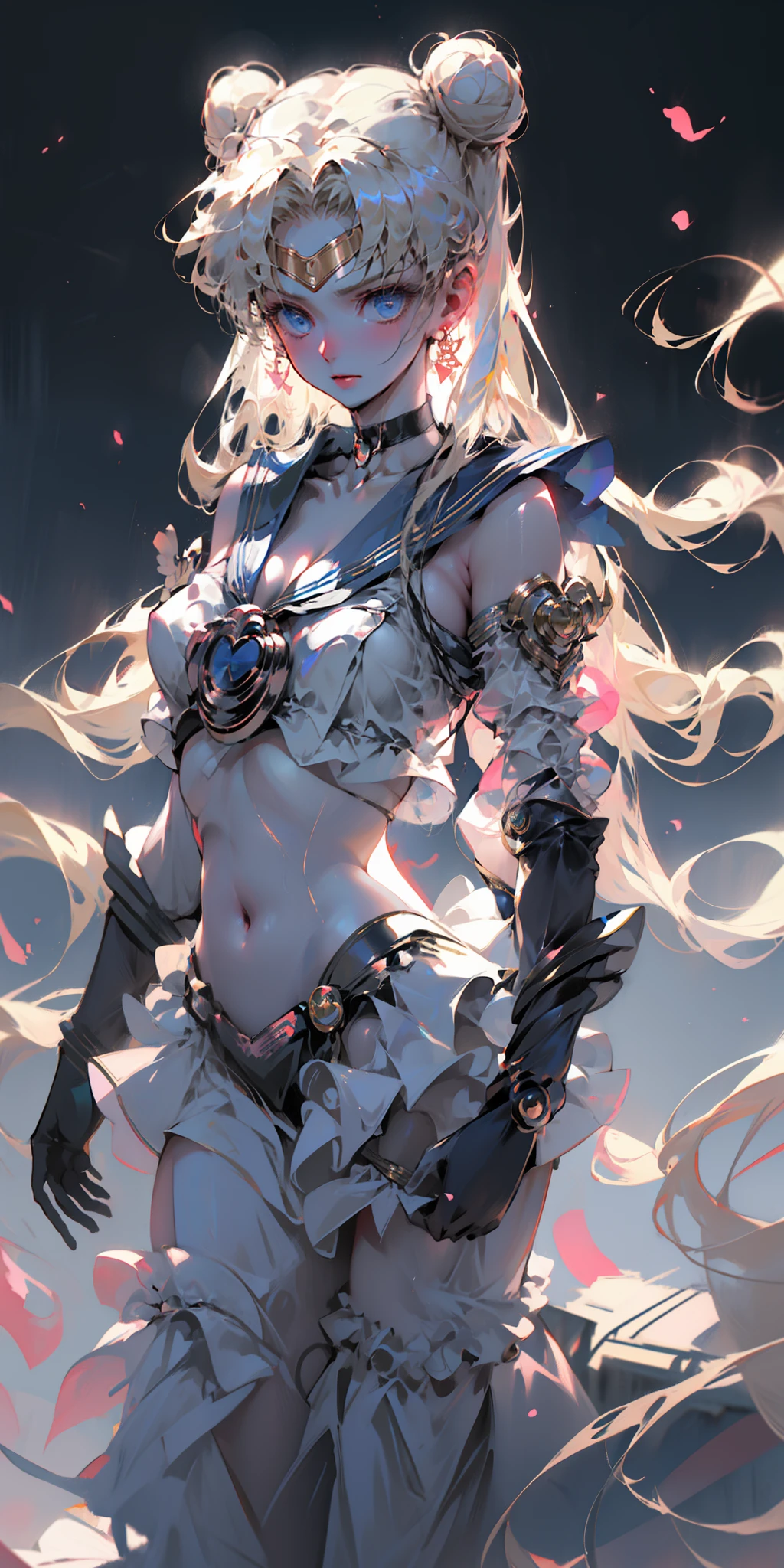 (realistic:1.5),3D rendering,1girl,solo,bright eyes,wet skin,
absurdly long hair,Floating hair,wind,gale,hair accessories,
silk and Ribbon in front,earrings,filigree,detached sleeves,wide sleeves,
see through clothes,translucent clothes,armlet,revealing clothes,jewelry,
cleavage,bare shoulder,strapless,Simple Choker,tube dress,no bra,
meishaonv,gun,blue eyes,tsukino usagi,double bun,sailor collar,crescent,sailor moon