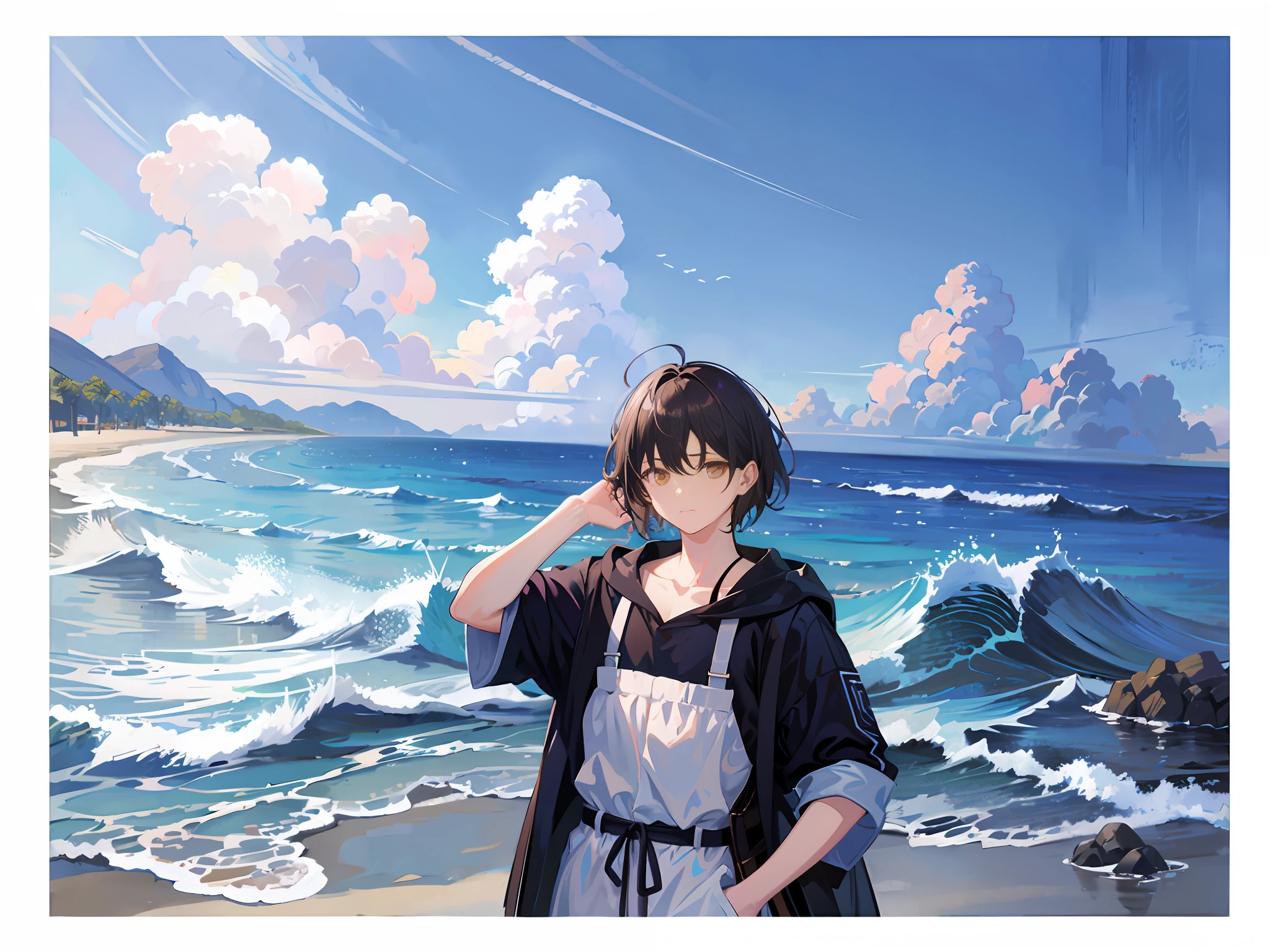 On the beach stands a man with hands on his head, anime style mixed Fujifilm, fine, HD, hand fine, background oil painting, five fingers, background Van Gogh, short hair sunshine boy