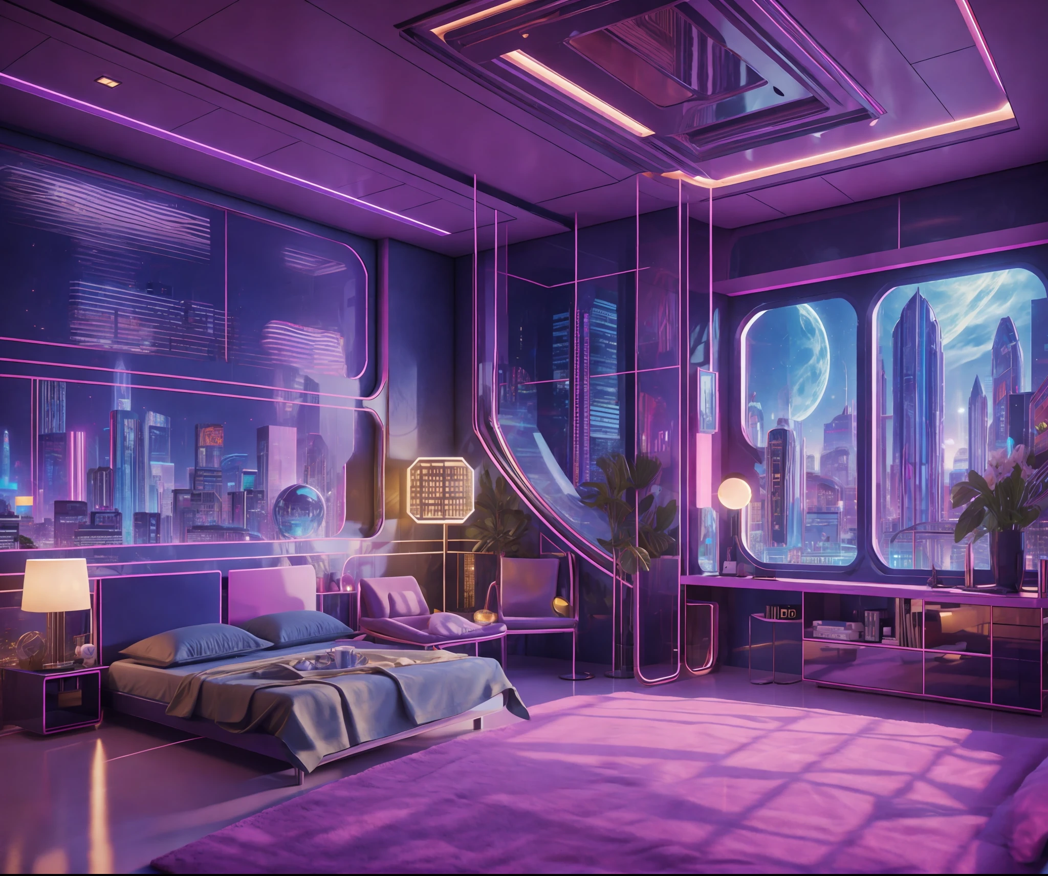((masterpiece)), (ultra-detailed), (intricate details), (high resolution CGI artwork 8k), Create an image of a woman's bedroom with low lighting. One of the walls should feature a big window with a busy, colorful, and detailed cyberpunk cityscape. Futuristic style with lots of colors and LED lights. The cityscape should be extremely detailed with depth of field. Utilize atmospheric lighting to create depth and evoke the feel of a busy futuristic city outside the window. Pay close attention to face details like intricate, hires eyes and bedroom accents.