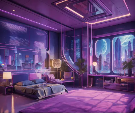 ((masterpiece)), (ultra-detailed), (intricate details), (high resolution CGI artwork 8k), Create an image of a woman's bedroom with low lighting. One of the walls should feature a big window with a busy, colorful, and detailed cyberpunk cityscape. Futuristic style with lots of colors and LED lights. The cityscape should be extremely detailed with depth of field. Utilize atmospheric lighting to create depth and evoke the feel of a busy futuristic city outside the window. Pay close attention to face details like intricate, hires eyes and bedroom accents.