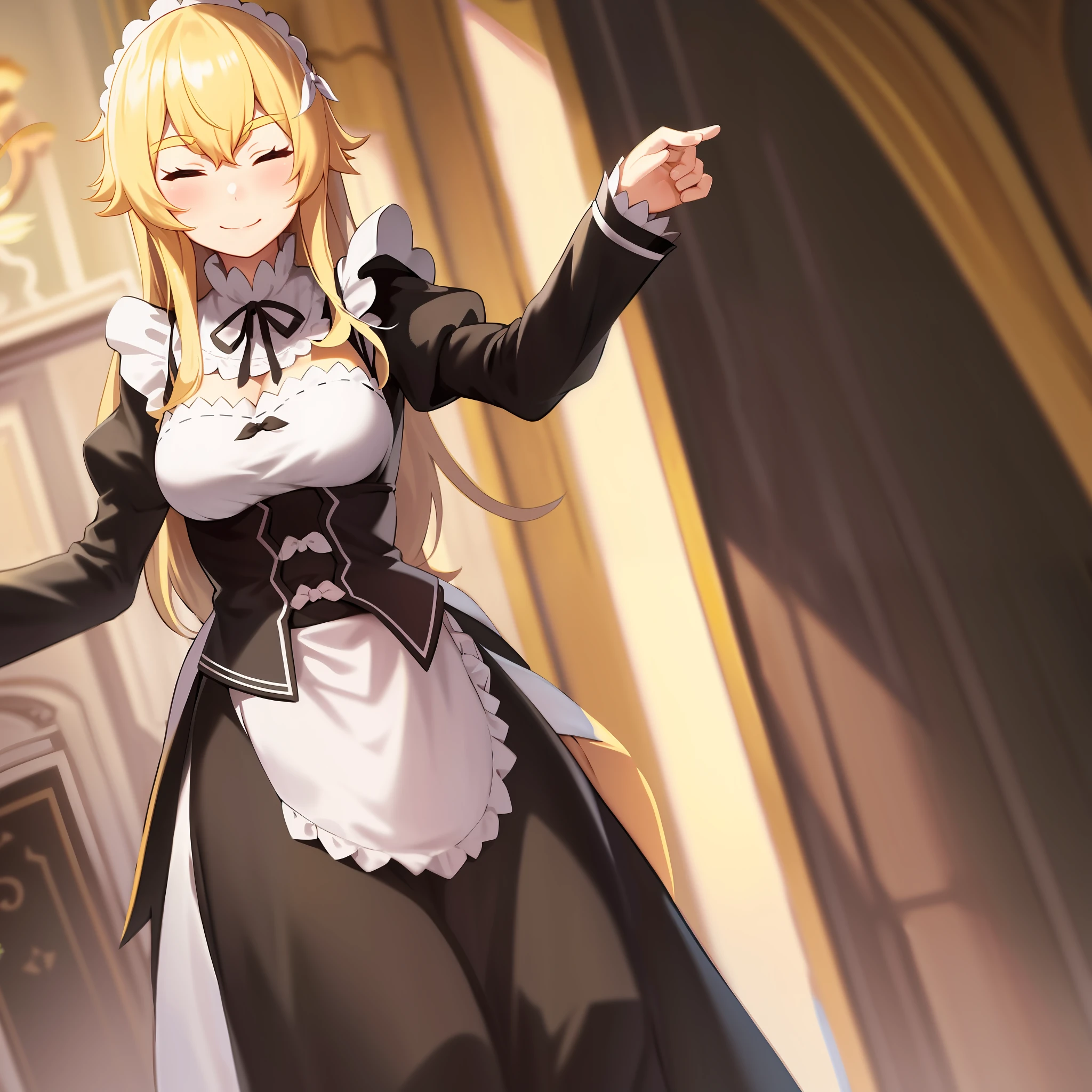 anime screencap,
1girl, roswaal mansion maid uniform, solo, blonde hair, long hair, maid, closed eyes, skirt hold, cleavage, smile, black ribbon, indoors, hair between eyes, maid headdress, standing, skirt, curtsey, medium breasts, enmaided, white apron, long sleeves,black skirt,from behind,