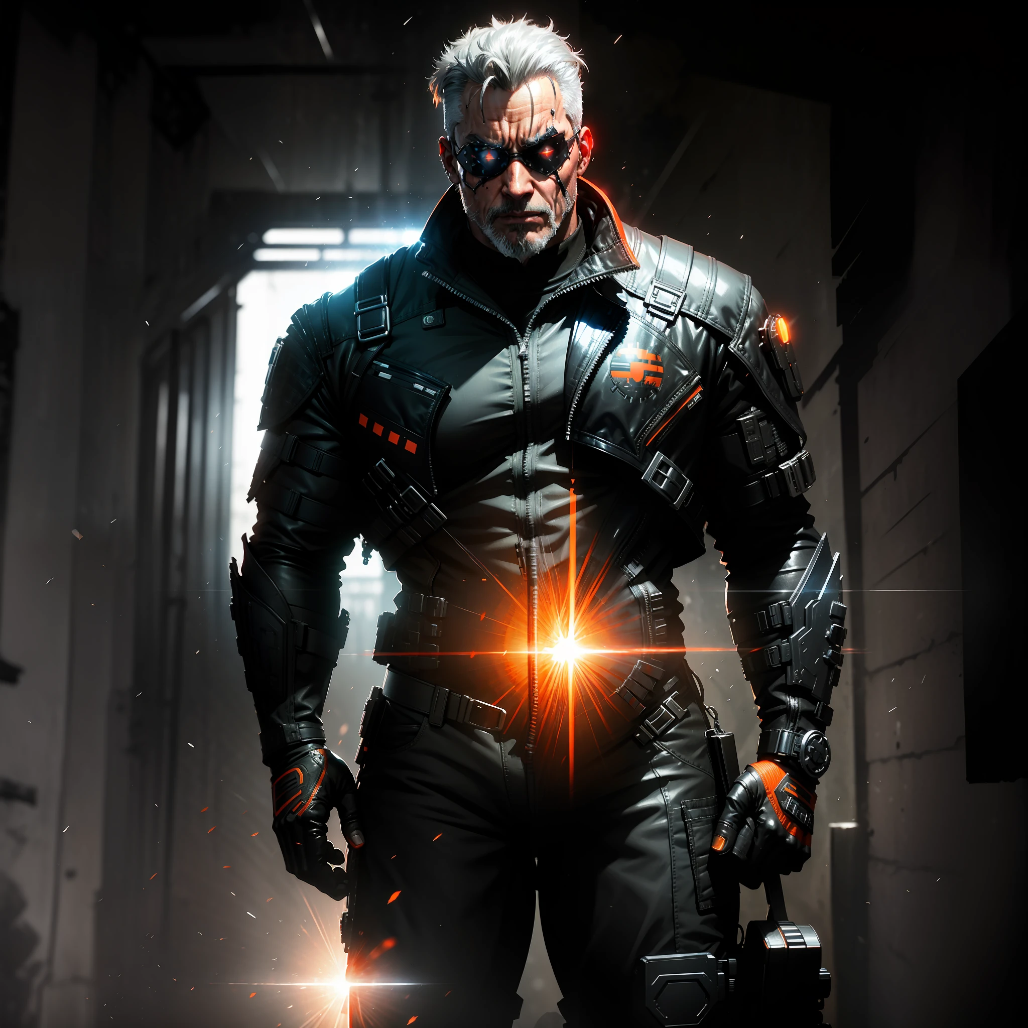 Exterminador do Futuro (DC Comics) homem adulto, tapa-olho no lado direito, cabelos grisalhos e cavanhaque grisalho, terno tático preto e laranja, rosto expressivo, Motor irreal 5, 8K.
