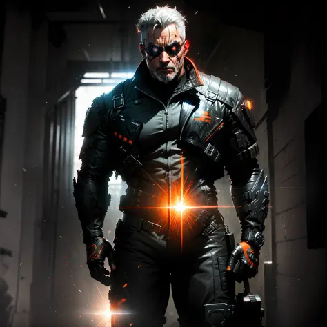 Terminator (DC comics) Adult male, eye patch on right side, gray hair and gray goatee, black and orange tactical suit, expressiv...