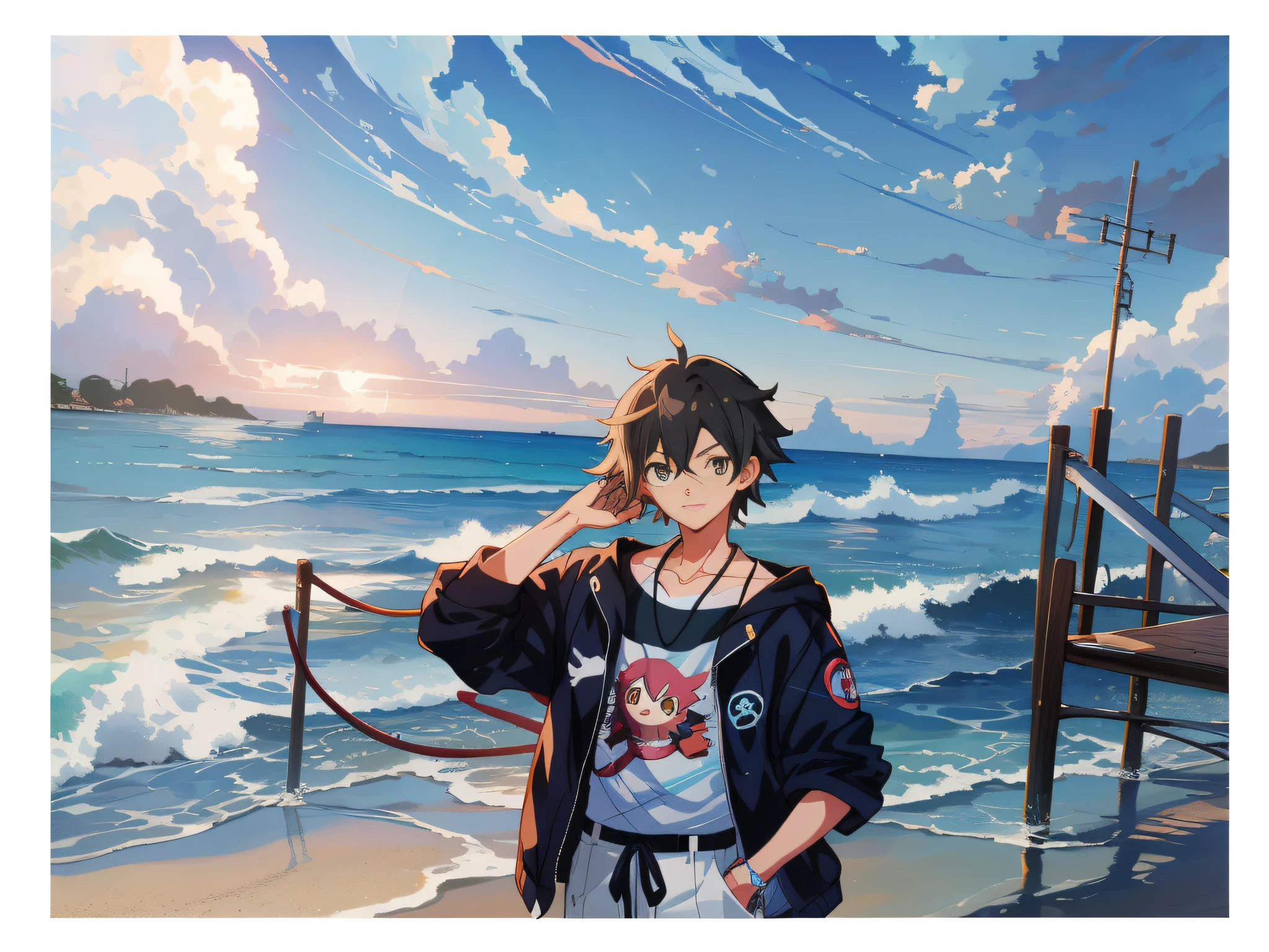 Anime boy standing on the beach with cloudy sky in the background, anime style 4 K, Makoto Shinkai Cyril Rolando, anime style mixed with Fujifilm, anime style. 8k, anime style illustration