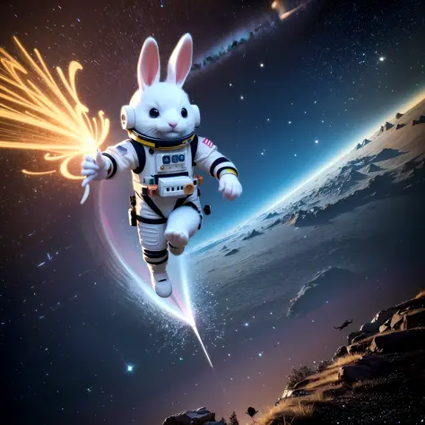 masterpiece, best quality, 8K, colorful, photorealistic, HDR, high detail, wallpaper, rabbit, spacesuit, spaceship, window, nebula, full body,cartoon style