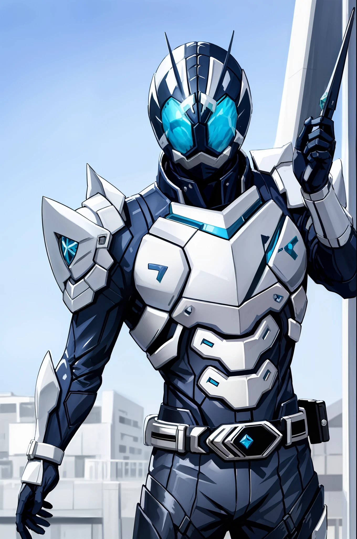 masterpiece,best quality,1boy,(kamen),blue eye shark helmet,crystal white battle suit,shoulder armor,better anatomy,detailed shark shaped belt